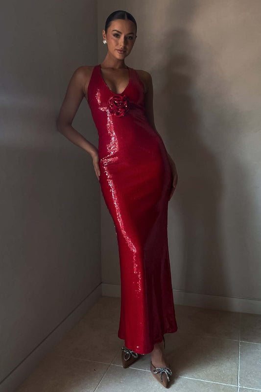 Eliza Rose Sequin Maxi Dress - Red - Trendy Traverse